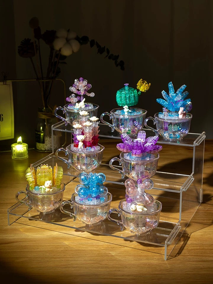 Mini Block Building Block Crystal Succulent Plants with Animals Cactus - Tiny Particle Assembly DIY Handmade Gift with Led Light