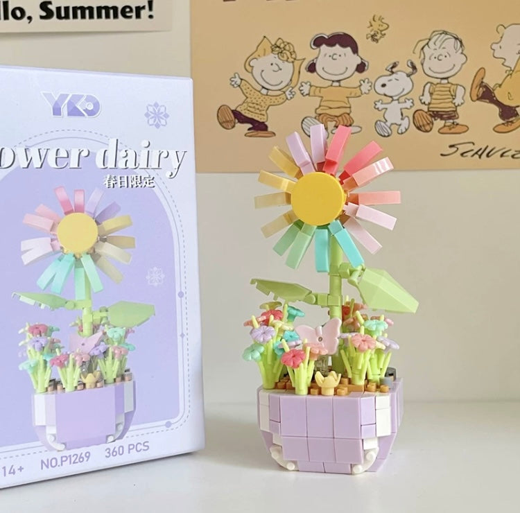 Mini Block Building Flower Dairy | Rose Sunflower Peony Daisy Tulip - Tiny Particle Assembly DIY Handmade Gift