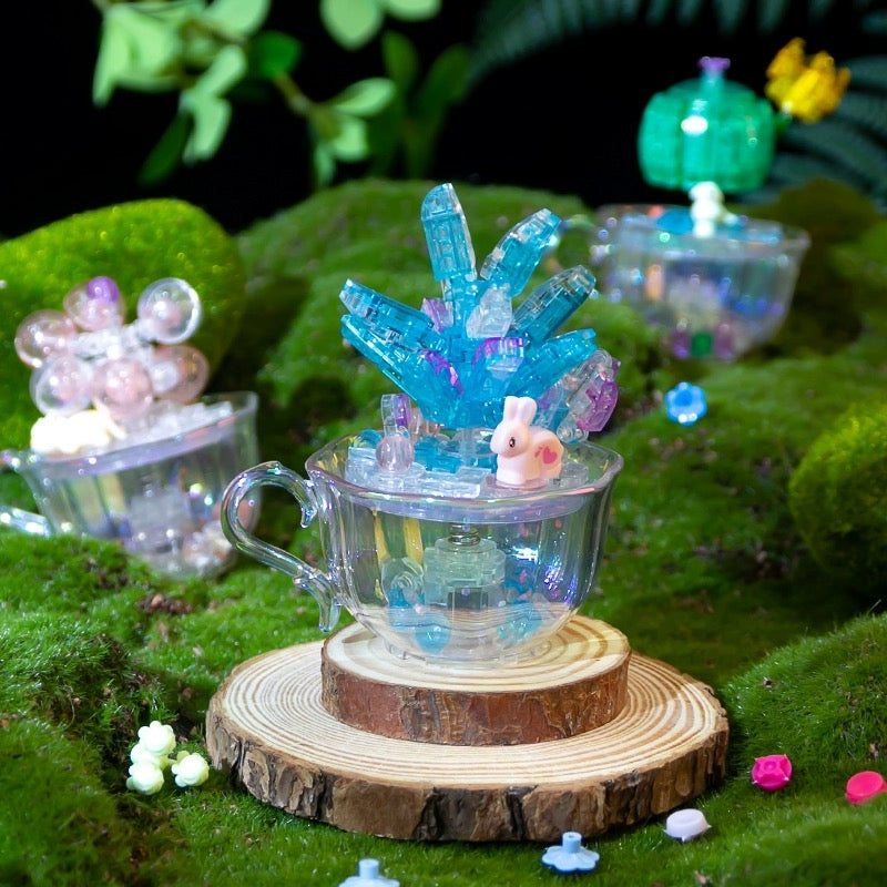 Mini Block Building Crystal Succulent Plants with Animals Cactus - Tiny Particle Assembly DIY Handmade Gift with Led Light