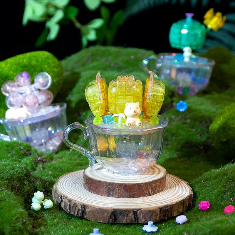 Mini Block Building Crystal Succulent Plants with Animals Cactus - Tiny Particle Assembly DIY Handmade Gift with Led Light