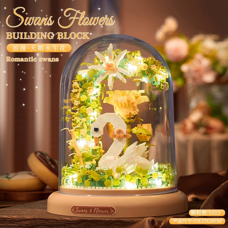Mini Block Building with Cover | Flower Love Swan Flower - with LED Lights Valentine Gift DIY Handmade Gift