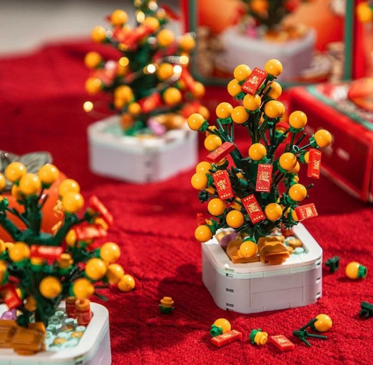 Mini Block Christmas Tree Chinese New Year | Green Pink Xmas Tree Tangerine - Building Block Christmas Gift DIY Handmade Gift