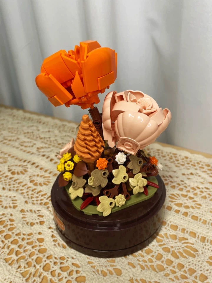 Block Building Romantic Flower Music Box | Blue Rose Autumn Flower - DIY Valentine Wedding Handmade Gift