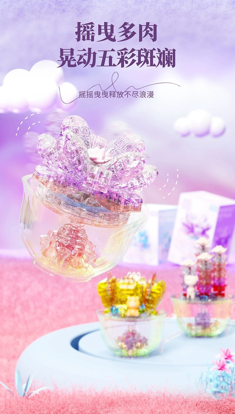 Mini Block Building Block Crystal Succulent Plants with Animals Cactus - Tiny Particle Assembly DIY Handmade Gift with Led Light