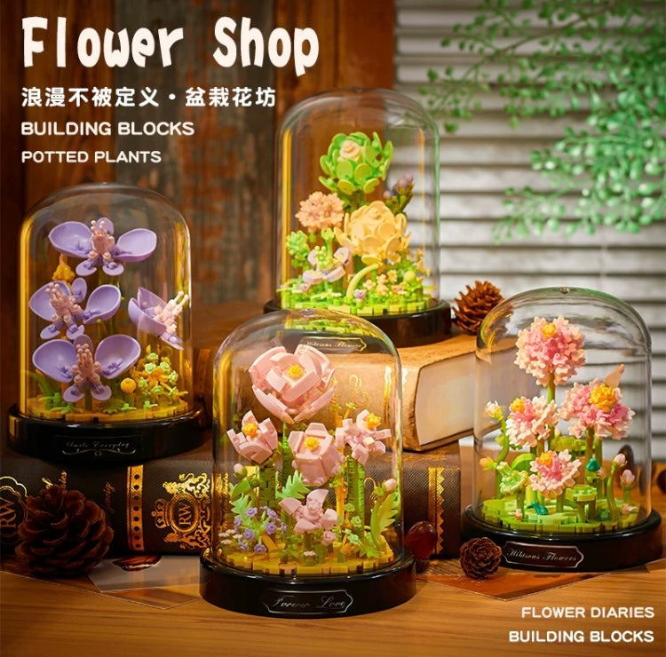 Mini Block Building Block Flower Diaries with Cover | Rose Daisy Cactus Sunflower Jasmine - with LED Lights Valentine Gift DIY Handmade Gift
