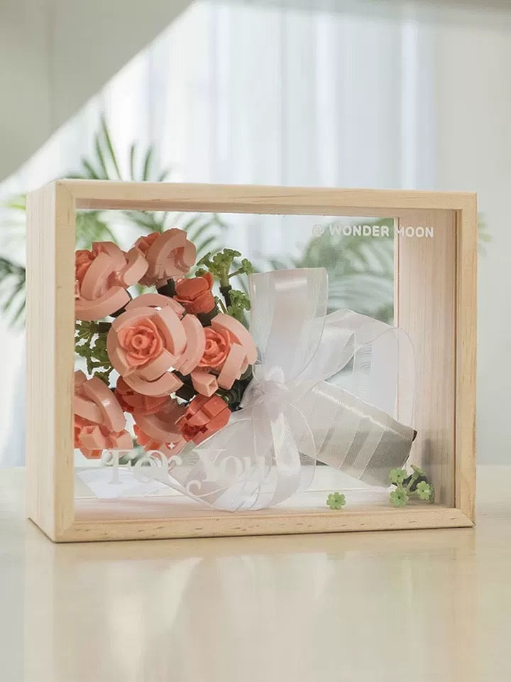 Block Building Romantic Flower Bouquet | Pink Rose Yellow Rose - with LED Lights Valentine Wedding Gift DIY Handmade Gift