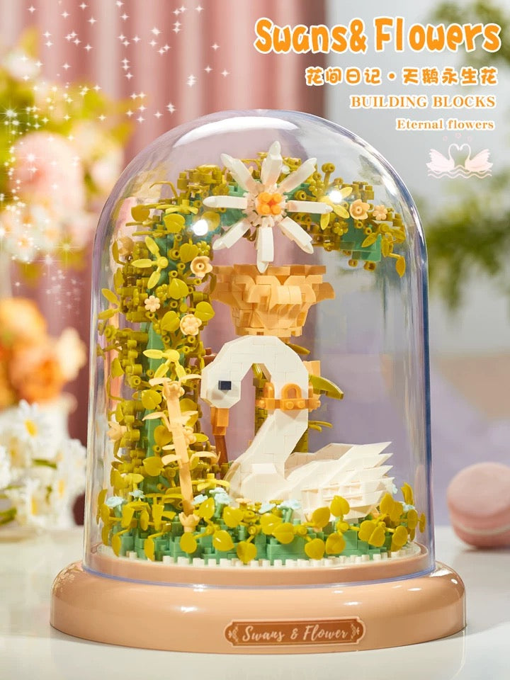 Mini Block Building with Cover | Flower Love Swan Flower - with LED Lights Valentine Gift DIY Handmade Gift