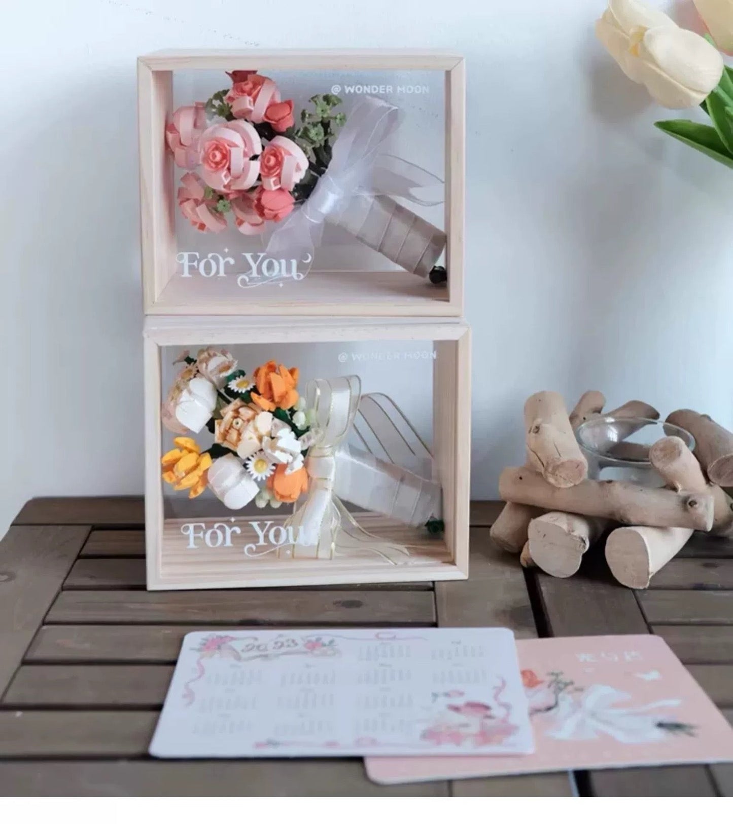 Block Building Romantic Flower Bouquet | Pink Rose Yellow Rose - with LED Lights Valentine Wedding Gift DIY Handmade Gift