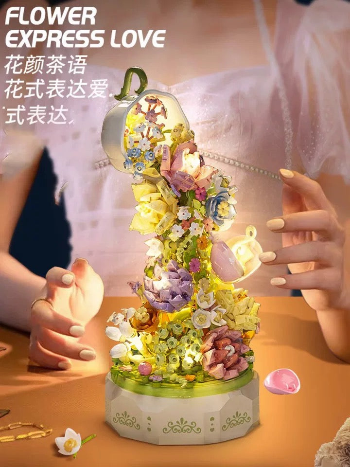 Mini Block Building Romantic Flower Express Love Music Box - with LED Lights Valentine Wedding Gift DIY Handmade Gift