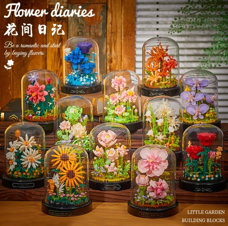 Mini Block Building Flower Diaries with Cover | Rose Daisy Cactus Sunflower Jasmine - with LED Lights Valentine Gift DIY Handmade Gift