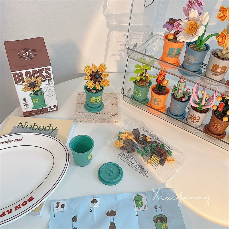Mini Block Building Potted Plant | Birthday Months - Tiny Particle Assembly DIY Handmade Gift