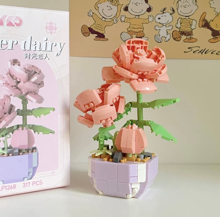 Mini Block Building Flower Dairy | Rose Sunflower Peony Daisy Tulip - Tiny Particle Assembly DIY Handmade Gift