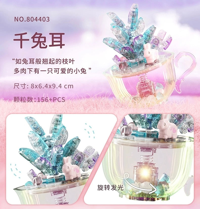 Mini Block Building Crystal Succulent Plants with Animals Cactus - Tiny Particle Assembly DIY Handmade Gift with Led Light