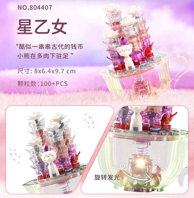 Mini Block Building Crystal Succulent Plants with Animals Cactus - Tiny Particle Assembly DIY Handmade Gift with Led Light