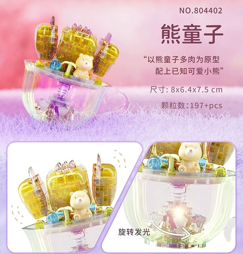 Mini Block Building Crystal Succulent Plants with Animals Cactus - Tiny Particle Assembly DIY Handmade Gift with Led Light