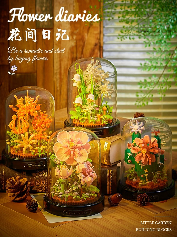 Mini Block Building Block Flower Diaries with Cover | Rose Daisy Cactus Sunflower Jasmine - with LED Lights Valentine Gift DIY Handmade Gift