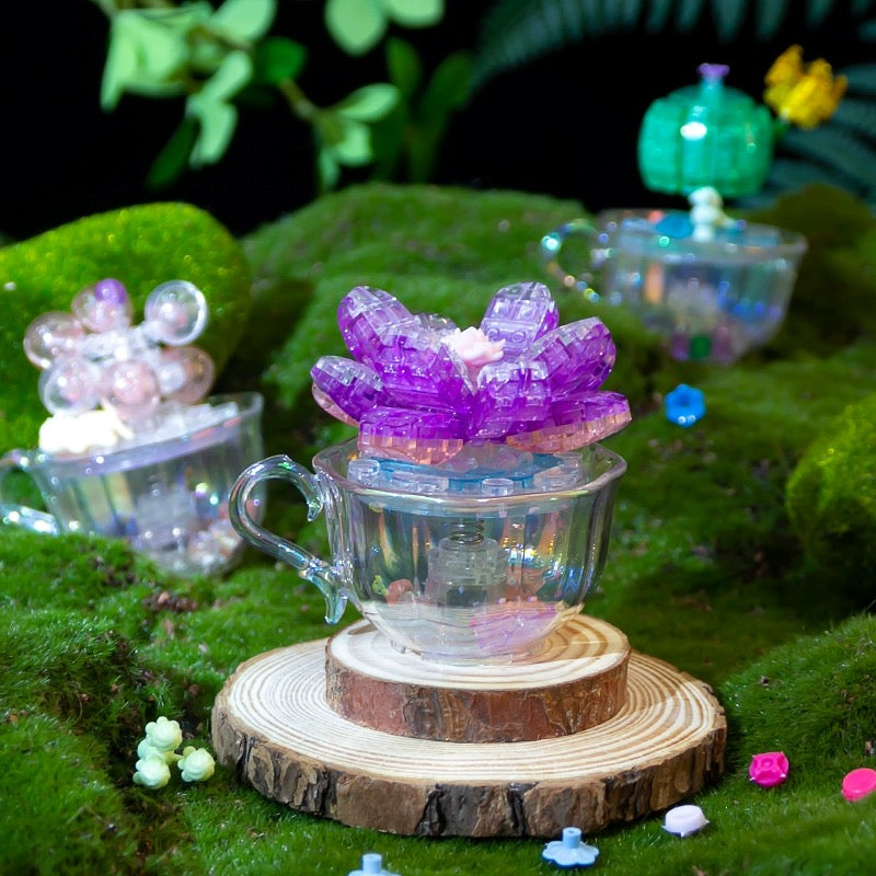 Mini Block Building Crystal Succulent Plants with Animals Cactus - Tiny Particle Assembly DIY Handmade Gift with Led Light