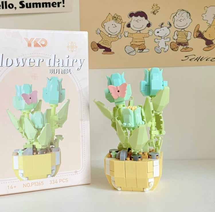 Mini Block Building Flower Dairy | Rose Sunflower Peony Daisy Tulip - Tiny Particle Assembly DIY Handmade Gift