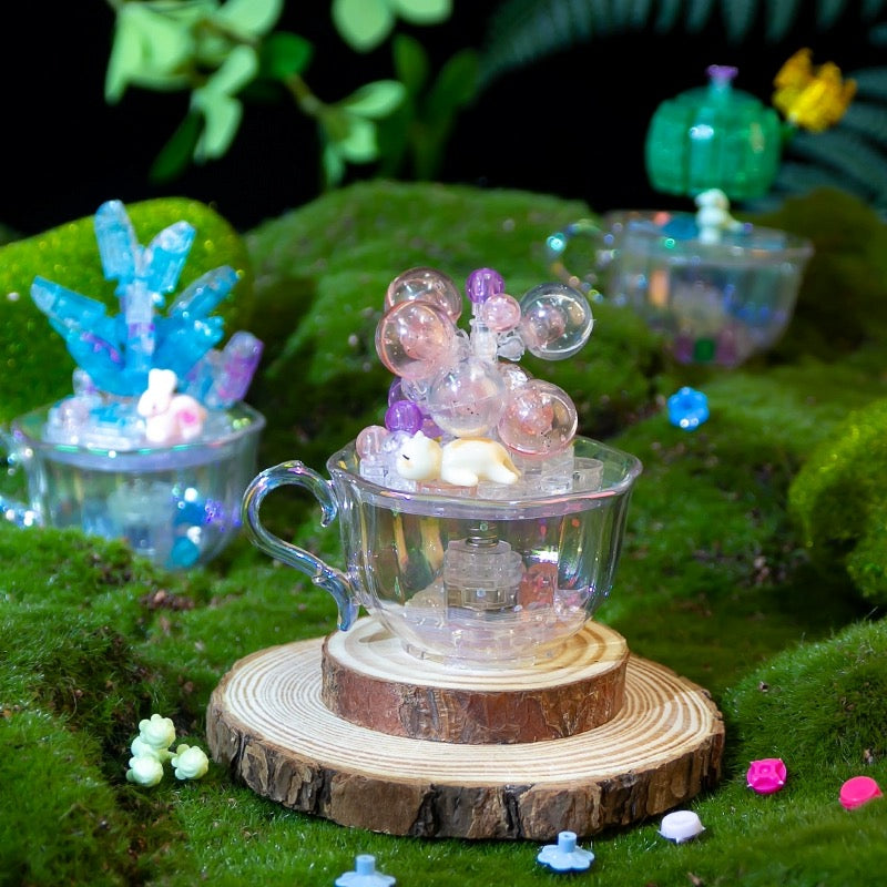 Mini Block Building Crystal Succulent Plants with Animals Cactus - Tiny Particle Assembly DIY Handmade Gift with Led Light