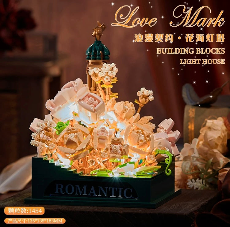 Mini Block Building Romantic LightHouse with Flower - with LED Lights DIY Valentine Handmade Gift