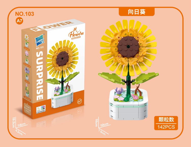 Mini Block Building Flower Series 1 | Daisy Pink Rose Sunflower - Tiny Particle Assembly DIY Handmade Gift