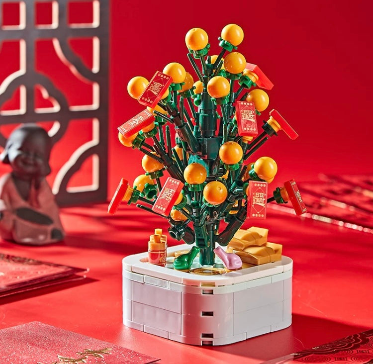 Mini Block Christmas Tree Chinese New Year | Green Pink Xmas Tree Tangerine - Building Block Christmas Gift DIY Handmade Gift
