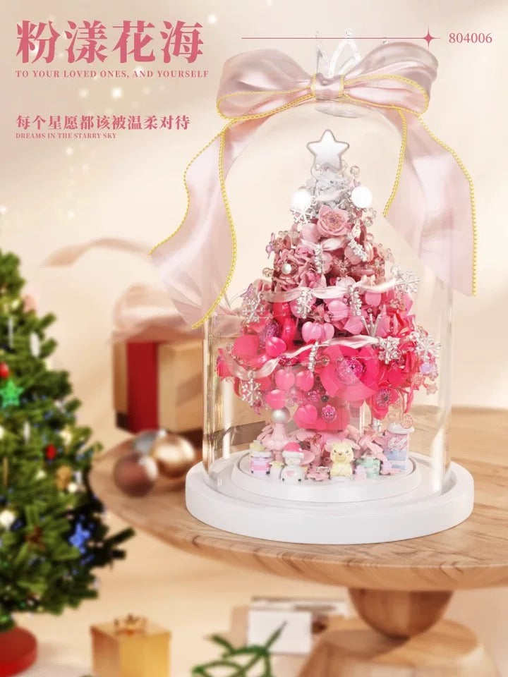 Mini Block Building Flower Christmas Tree with Cover | Pink Purple - with LED Lights Valentine Gift DIY Handmade Xmas Gift
