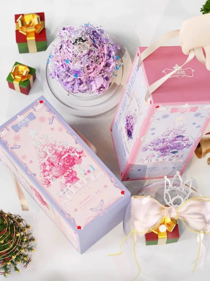 Mini Block Building Flower Christmas Tree with Cover | Pink Purple - with LED Lights Valentine Gift DIY Handmade Xmas Gift