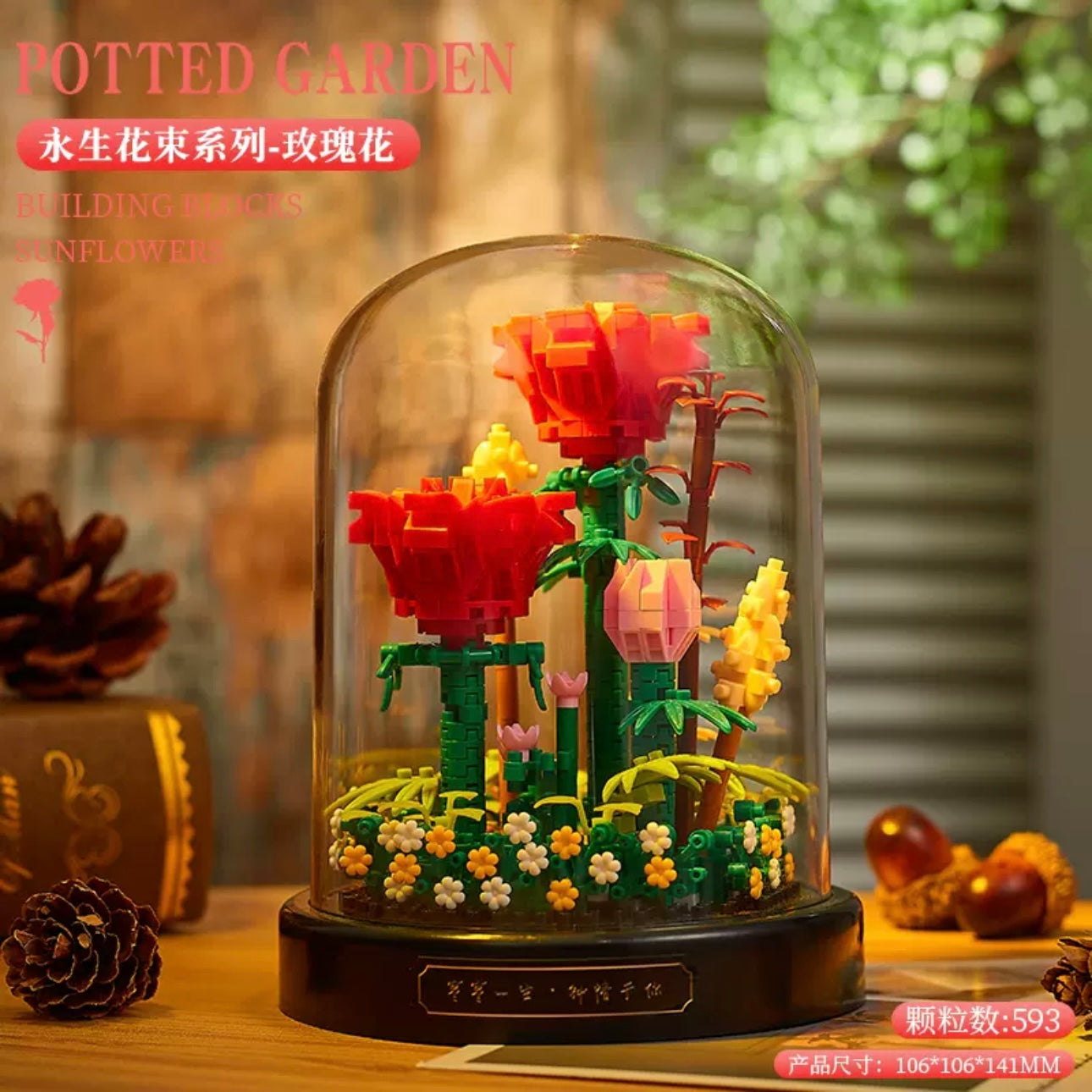 Mini Block Building Flower Diaries with Cover | Rose Daisy Cactus Sunflower Jasmine - with LED Lights Valentine Gift DIY Handmade Gift