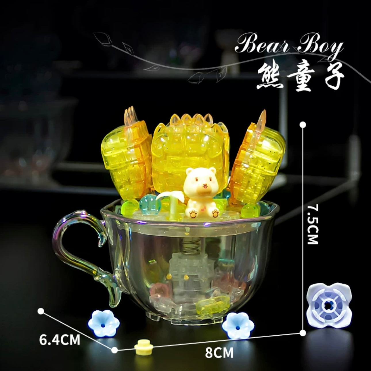 Mini Block Building Crystal Succulent Plants with Animals Cactus - Tiny Particle Assembly DIY Handmade Gift with Led Light