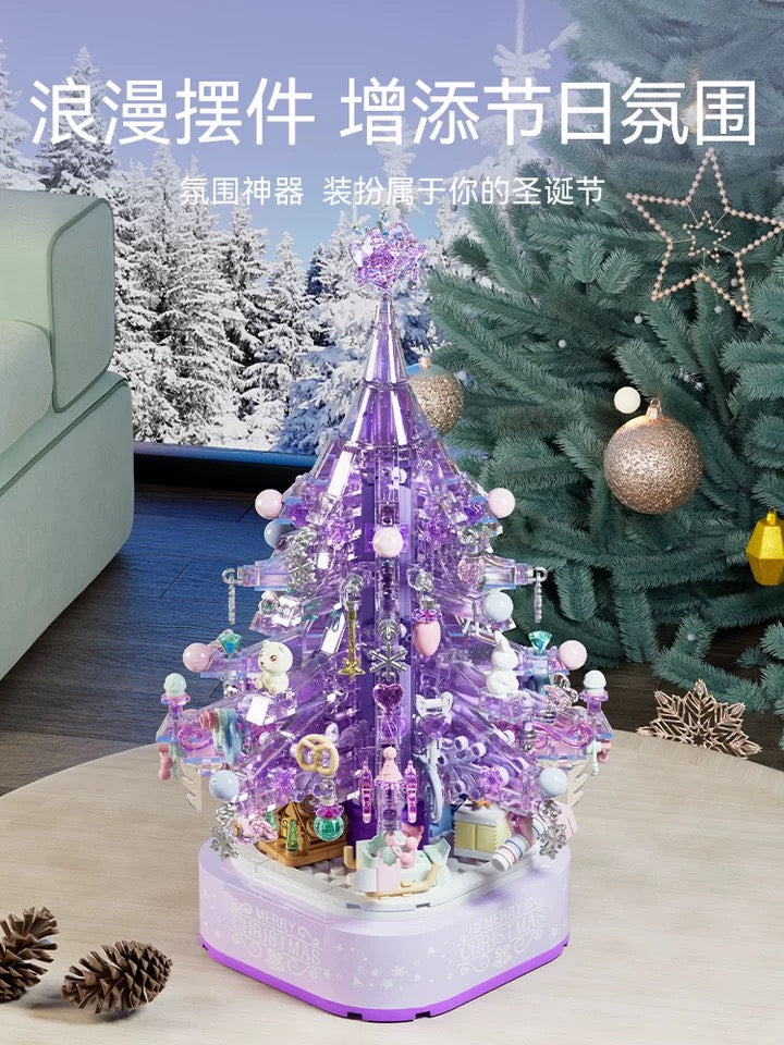 Mini Block Building Crystal Christmas Tree Music Box | Purple - DIY Handmade Xmas Gift