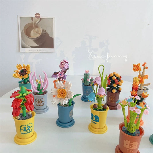 Mini Block Building Potted Plant | Birthday Months - Tiny Particle Assembly DIY Handmade Gift