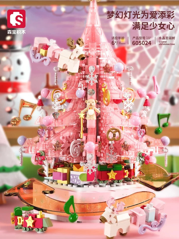 Mini Block Building Crystal Christmas Tree Music Box | Pink - DIY Handmade Xmas Gift