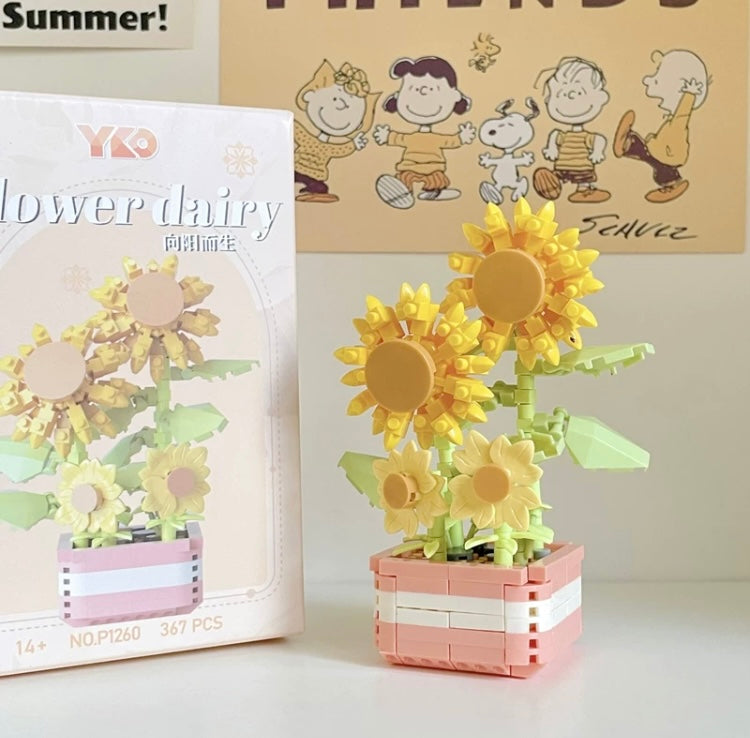 Mini Block Building Flower Dairy | Rose Sunflower Peony Daisy Tulip - Tiny Particle Assembly DIY Handmade Gift
